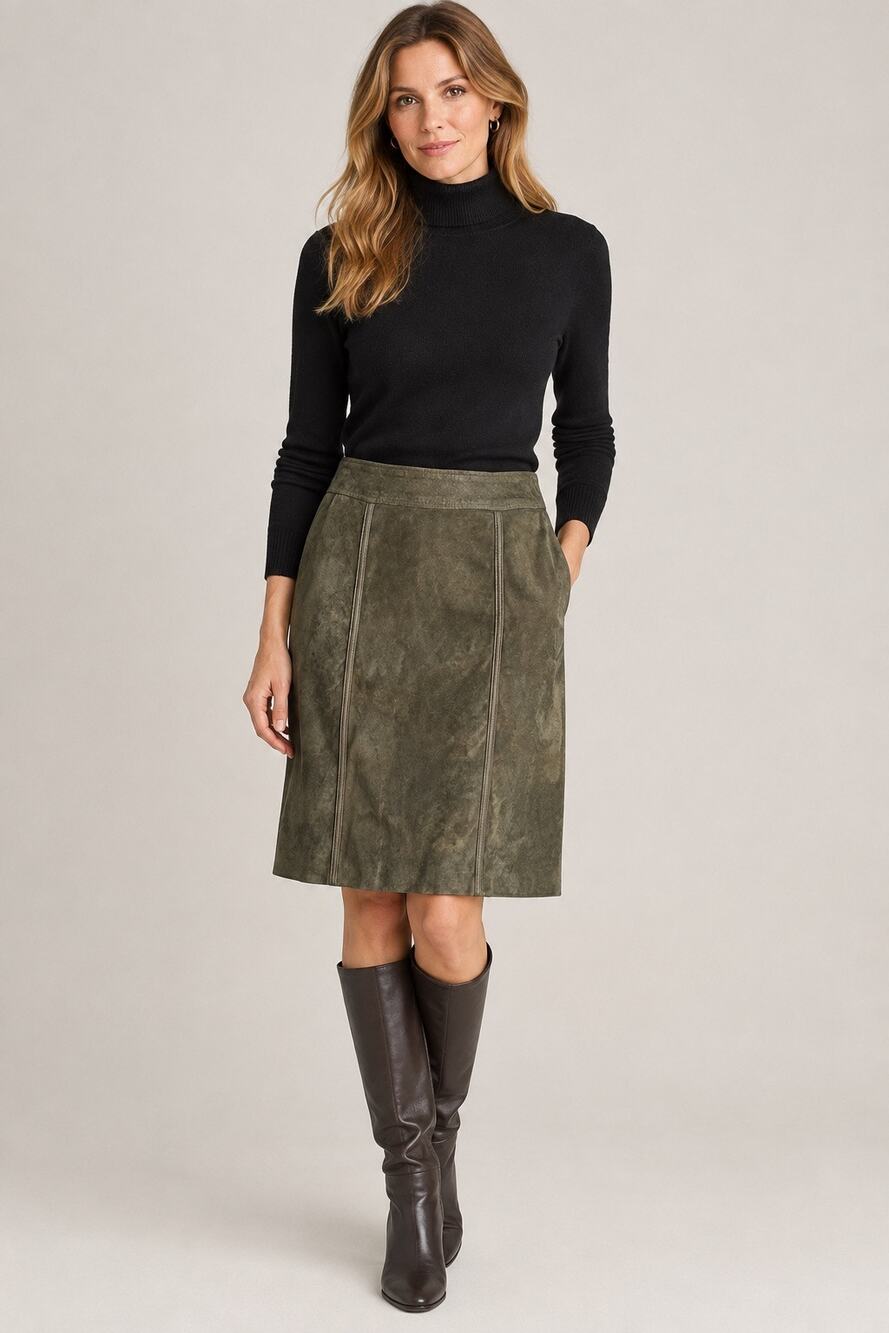 Coldwater Creek Genuine Leather Suede Skirt Olive Green Small Y2K